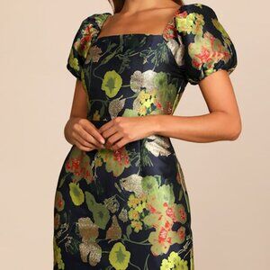 Lulus So Stunning Navy Blue Floral Jacquard Puff Sleeve Mini Dress - Size M